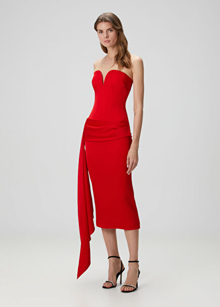 Red Strapless Midi Cocktail Dress