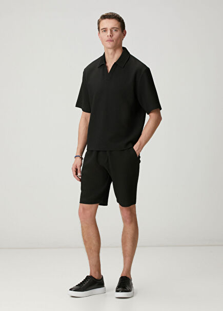 Black Waist Corded Diagonal Textured Jersey Shorts