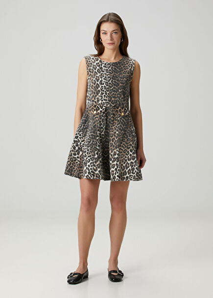Leopar Desenli Mini Denim Elbise
