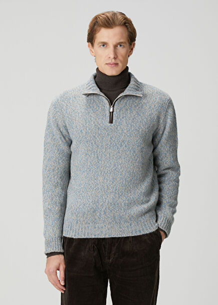 Mavi Yakası Fermuarlı Yün Kazak