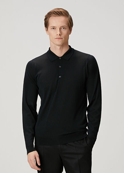 Belper Black Wool Polo Sweater