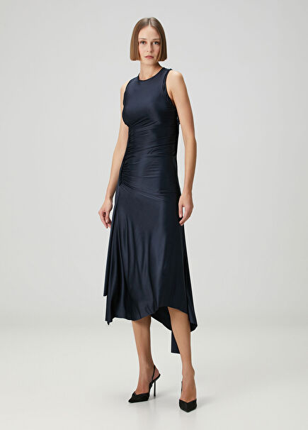 Navy Blue Draped Midi Evening Dress
