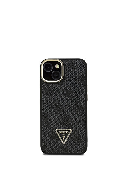 4G Desenli Taşlı Logo Kamera Standlı iPhone 15 Telefon Kılıfı