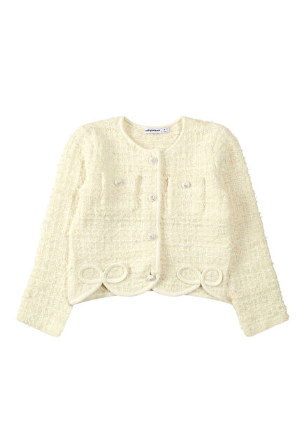 Krem Fiyonk Detaylı Dokulu Triko Hırka