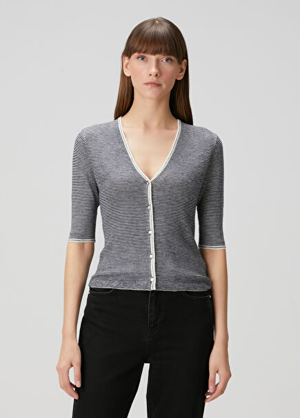 Navy Blue White Striped Wool Knit Cardigan