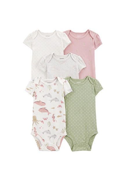 Layette Renkli Kısa Kollu Kız Bebek 5'li Body Seti