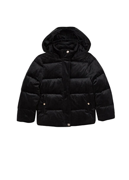 Siyah Kadife Kapüşonlu Kız Çocuk Doudoune Mont