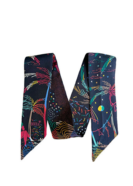 Petite Fular Gündüz Düşü Renkli Desenli Siyah İpek Kadın Fular