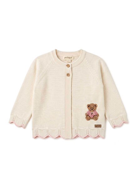 Ecru Teddy Bear Detailed Organic Cotton Knitwear Baby Girl Cardigan