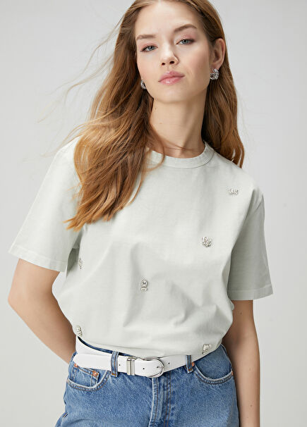 Mint Serpme Taşlı T-shirt