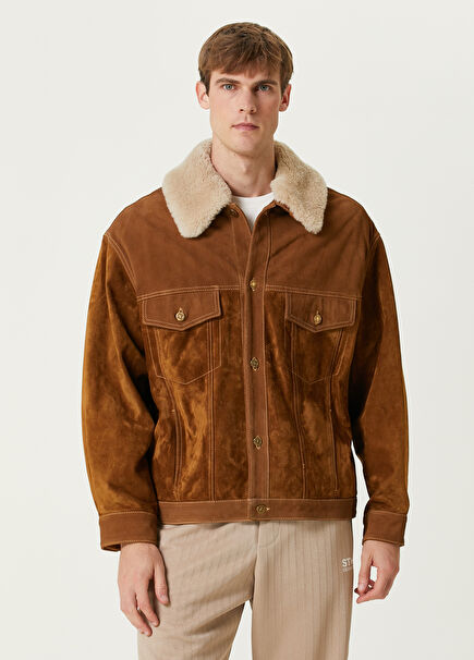 Brown Shearling Detail Leather Coat