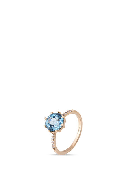 Blue Topaz Diamond Embellished Rose 14 Karat Gold Women's Ring