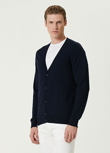 Navy Blue V Neck Wool Knit Cardigan