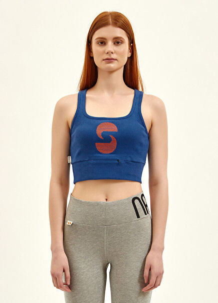Açık Yaka Okyanus Mavisi Aktif Crop Top