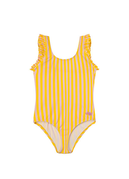 Yellow Light Pink Striped Girls' Swimsuit