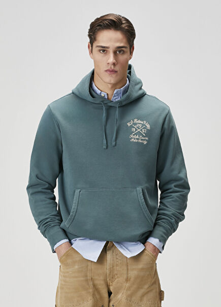 Loopback Yeşil Kapüşonlu Nakışlı Sweatshirt