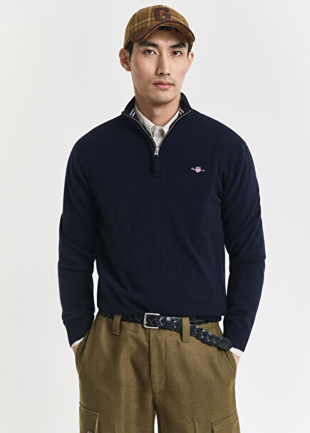 Navy Blue Regular Fit Half Zipper Men's Wool Sweater