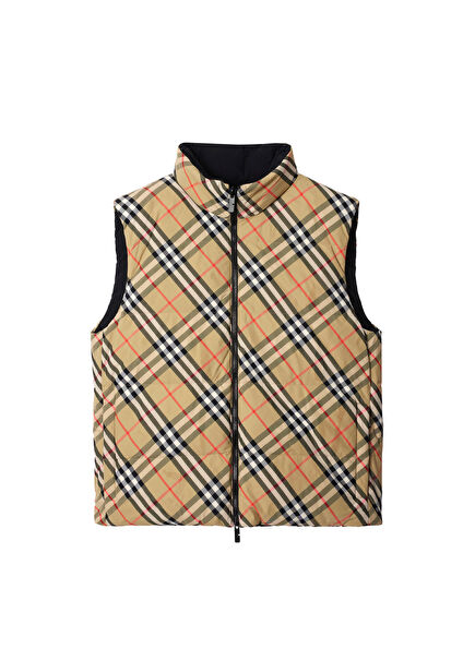 Reversible Check Nylon Padded Bej Erkek Spor Yelek