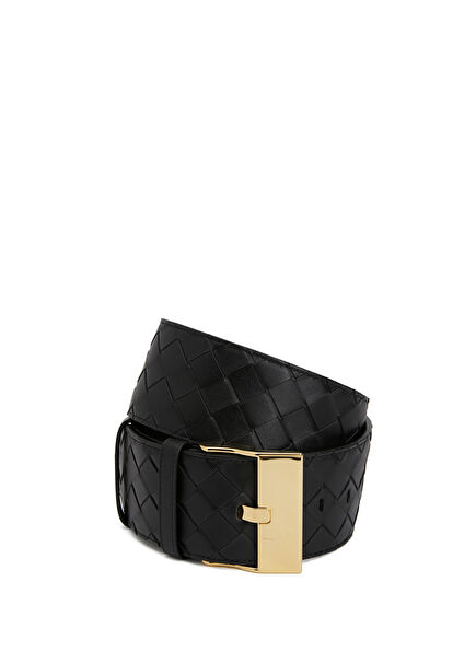 Women's Leather Belt With Black Knit Texture