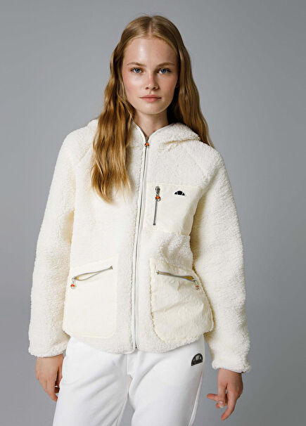 Bej Fermuarlı Kapüşonlu Peluş Kadın Hırka