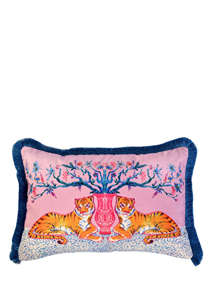 Kaplan Desenli Pembe Kadife Dekoratif Kırlent Kılıfı 40 x 60 cm