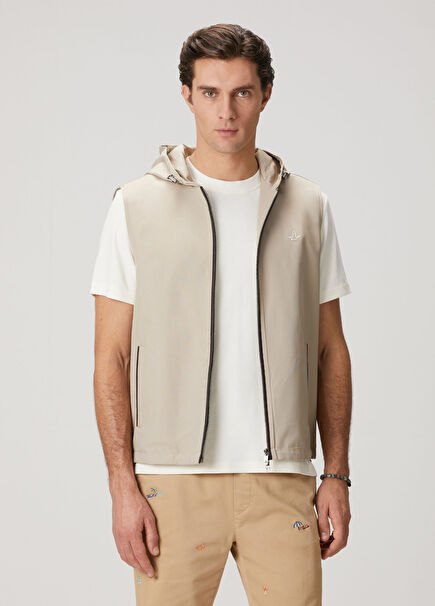 Beige Hooded Leather Piping Vest