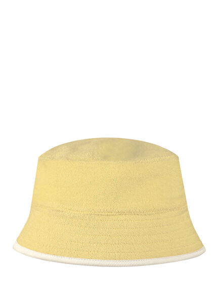 White Contrast Detailed Yellow Terry Fabric Girl Bucket Hat