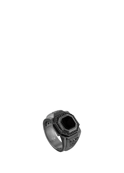 Guard of Men Black Enamel Silver Men's Ring with Black Diamonds
