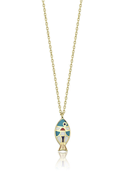 Minimal Mosaic Color Enamel Fish 14K Gold Necklace