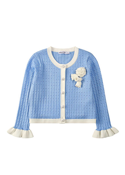 Mavi Çiçek Aplikeli Kız Çocuk Triko Hırka