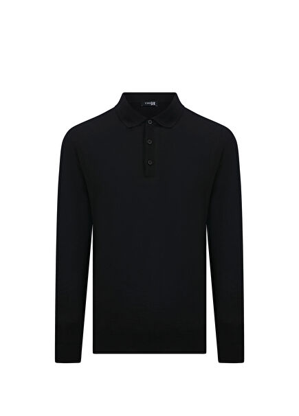 Albino Black Wool Acrylic Slim Fit Polo Collar Men's Sweater