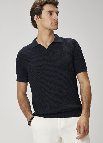 Navy Blue Knit Textured Short Sleeve Sweater
