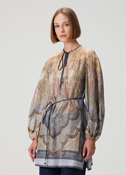 Wanderlust Mavi Şal Desenli İpek Tunik