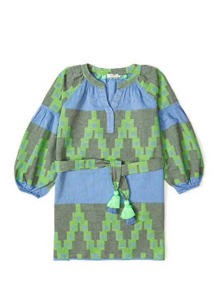 Yeşil Mavi Beli Kuşaklı Kız Çocuk Elbise