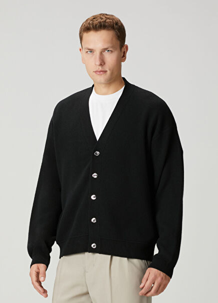Black Logo Embroidered Wool Knit Cardigan