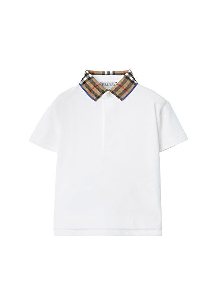 Check Beyaz Pamuklu Polo Yaka Detaylı Kısa Kollu Unisex Çocuk T-Shirt