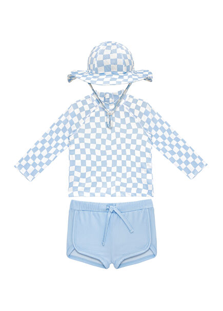 Groovy Checker Long Sleeve Baby Boy Swimsuit Set with UV Protection Hat