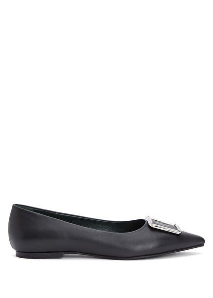 Black Buckle Detailed Women's Leather Ballet Flats