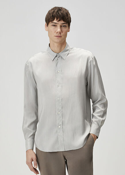 Gri Çizgi Desenli İpek Gömlek