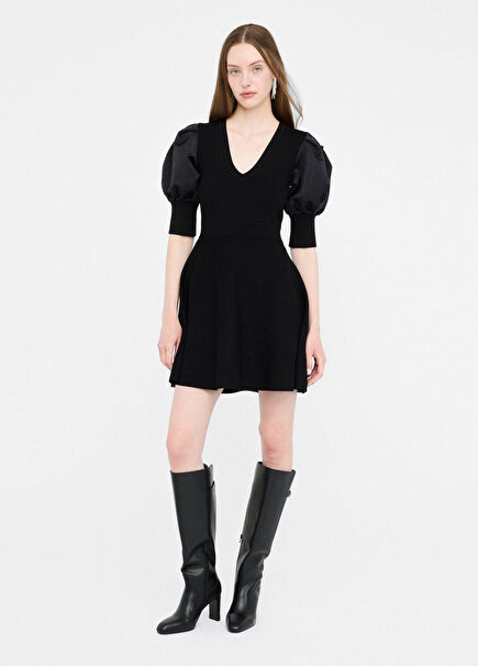 Siyah Balon Kollu Kadın Mini Triko Elbise