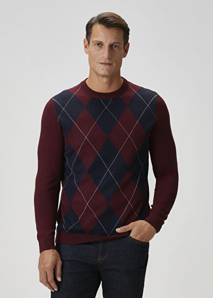 Bordo Baklava Desenli Yün Kazak