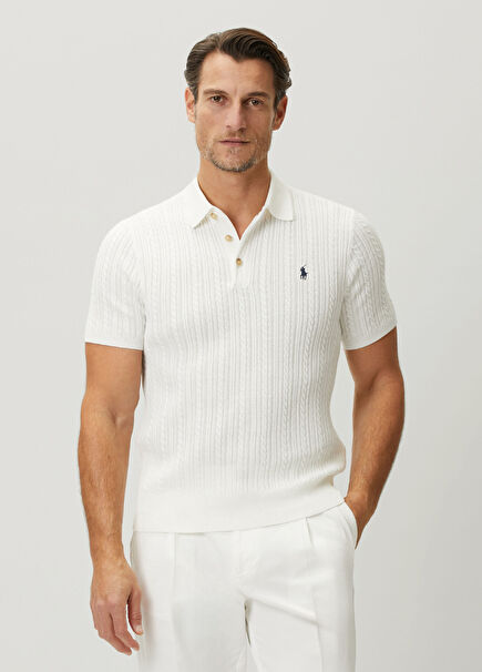 Beyaz Polo Yaka Örgü Dokulu T-shirt
