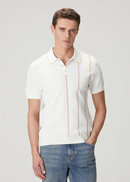 White Vertical Line Detailed Polo Knitwear