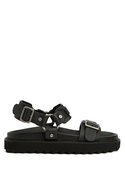 Black Logo Detailed Women's Leather Sandals