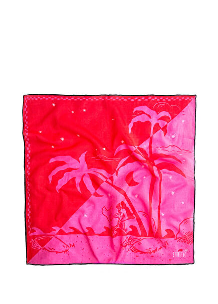 Bandana Nar Çiçeği Kırmızı Pembe Desenli Pamuklu Kadın Fular