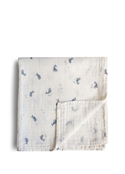 Whales Blue Patterned White Organic Muslin Cover Swaddle