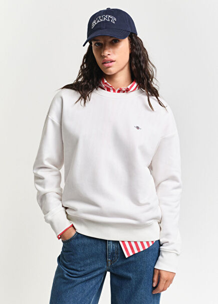 Beyaz Yuvarlak Yaka Relaxed Fit Kadın Sweatshirt