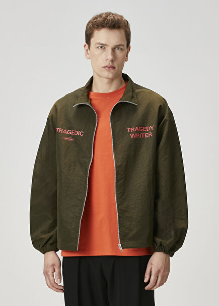 Khaki Slogan Printed Coat