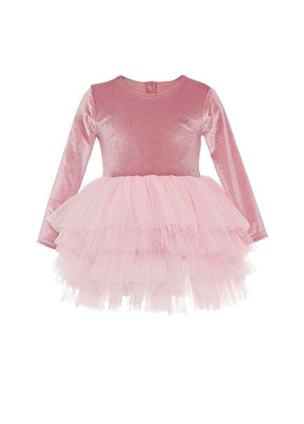 Pembe Kadife Tütülü Uzun Kollu Kız Çocuk Elbise