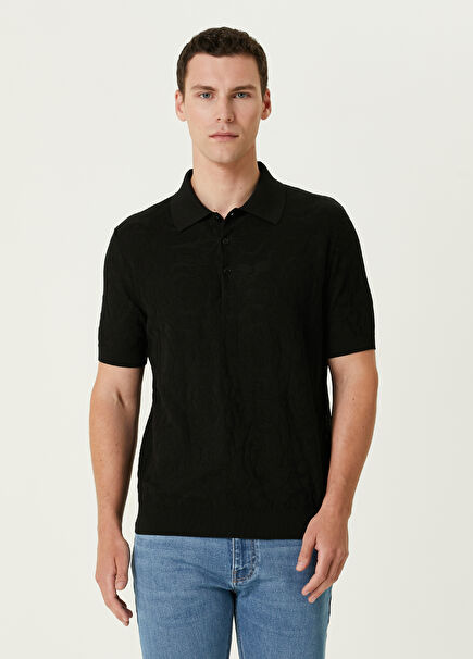 Siyah Polo Yaka Çiçek Jakarlı Kısa Kol İpek Triko